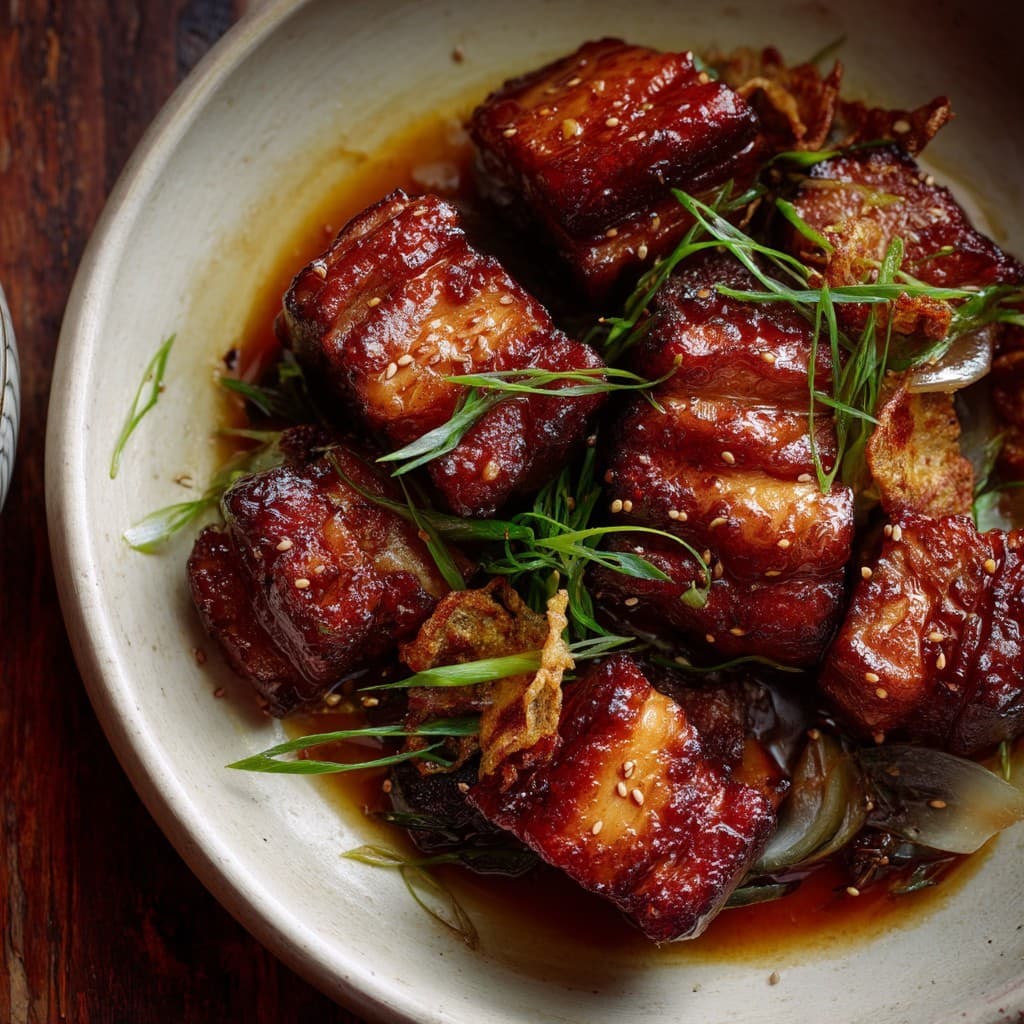 Braised pork belly with scallions and sesame in a cream ceramic bowl